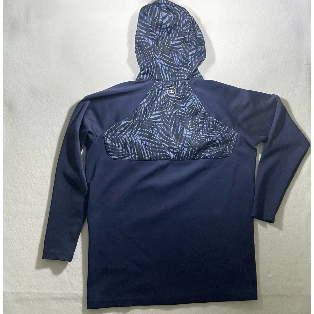 Peter Millar Kids 1/4 Zip Hooded Pullover Navy Leaf Print Large 11-12 Youth
